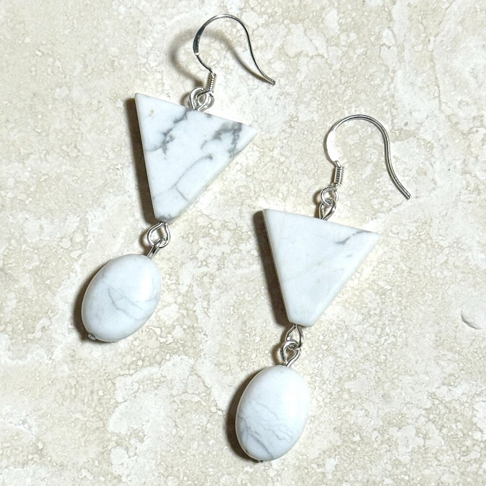 2/$20, Genuine White Magnesite Geometric Earrings, Sterling Silver Hook+Gemstone